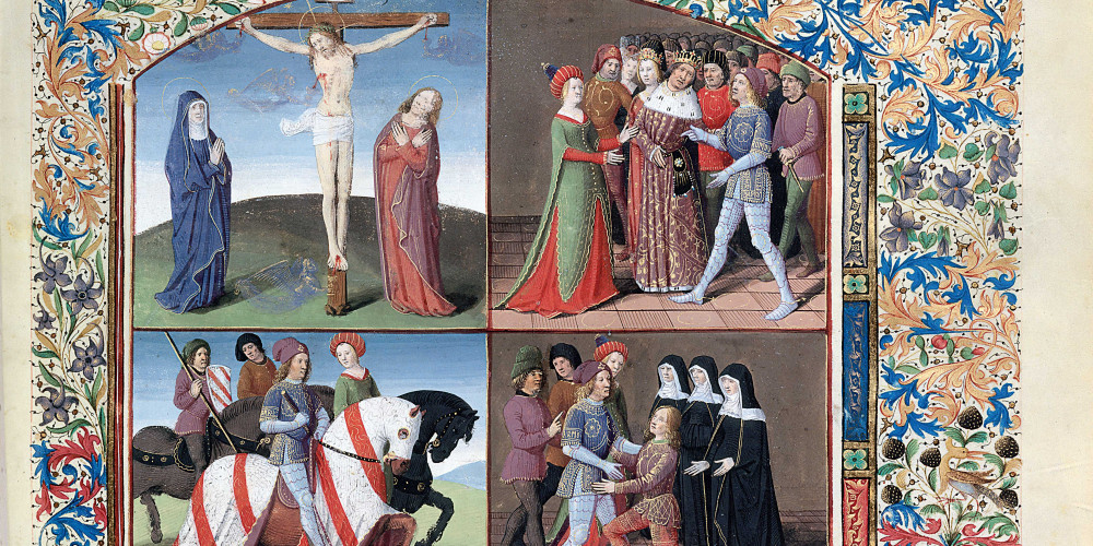 Le Christ en croix, l’envoyée de Pellés à la cour d’Arthur et chevauchant  avec Lancelot et Galaad présenté à son père