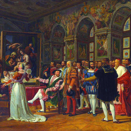 François Ier recevant dans la salle des Suisses à Fontainebleau devant « La Grande Sainte Famille » de Raphaël