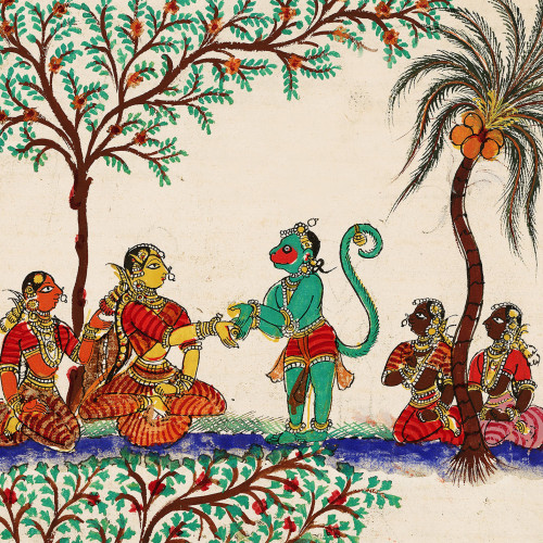 Pour gagner sa confiance, Hanuman donne à Sita la bague de Rama ; en retour Sita lui remet un bijou pour Rama