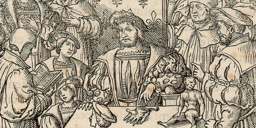 François Ier assis devant une table et entouré de seigneurs écoute Anthoine Macault lui lisant un chapitre de son ouvrage