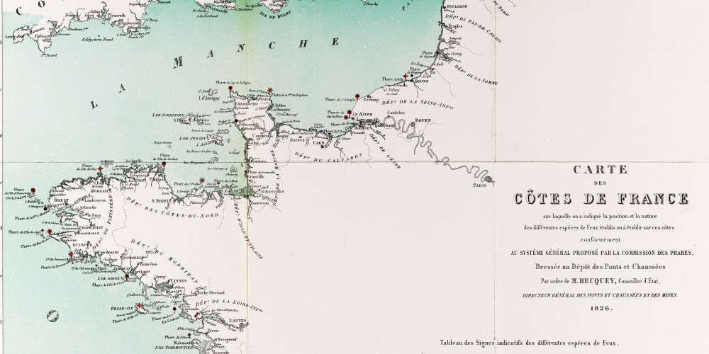 Carte des côtes de France en 1826 avec position et nature des phares existants ou à construire