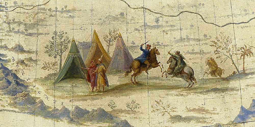 Plusieurs Tartares à pied et à cheval contre des tentes