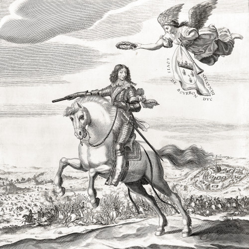 Portrait de Louis II de Bourbon, duc d'Enghien, à cheval, accompagné de la Renommée devant Fribourg (détail)
