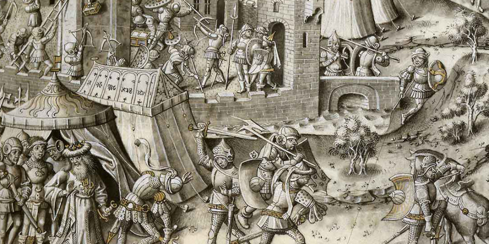 Siège de la tour du château d’Aigremoire ; défi de Charlemagne à Balaan par Ganelon ; mort de Bruillant de Montmire