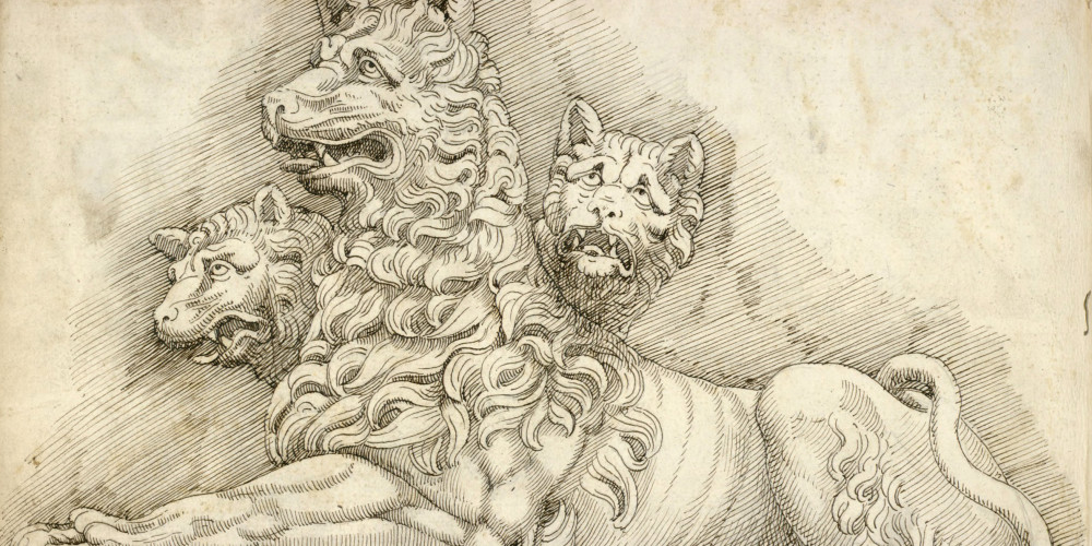 Cerbère avec trois têtes, de chien, de lion et de loup