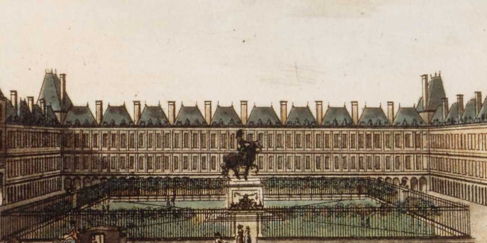 Vue de la place royale (place des Vosges) et de la statue équestre de Louis XIII élevée en 1639