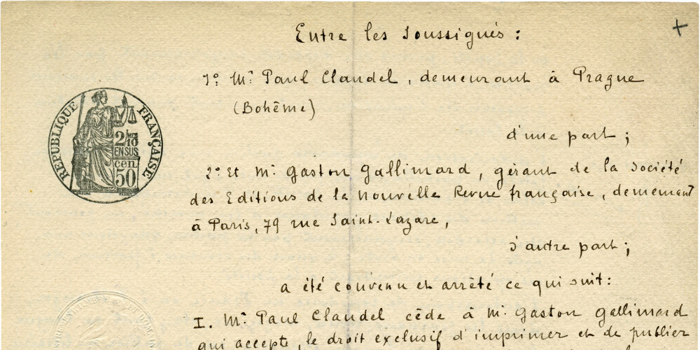 Contrat signé entre les Éditions de la Nouvelle Revue française et Paul Claudel pour L’Otage.