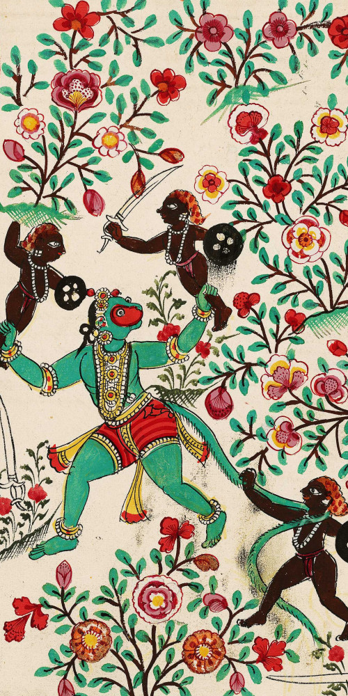 Avant de quitter Lanka, Hanuman saccage le jardin de Ravana (asokavanika) et tue plusieurs rakshasa