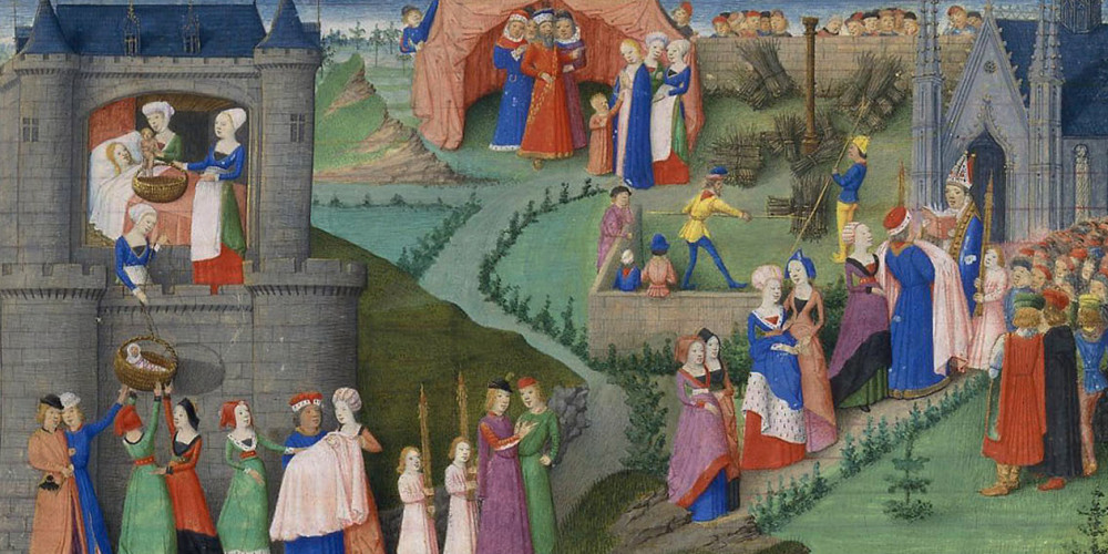 Naissance de Merlin, Merlin descendu de la tour, procession et baptême de Merlin, jugement de la mère de Merlin
