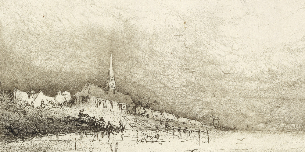 Village avec église au bord de la mer 