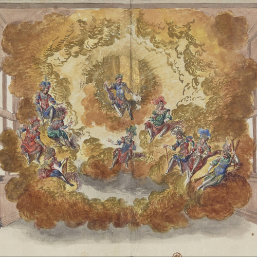 Dernière entrée du Ballet des Fêtes de Bacchus : Apollon et les neuf Muses (quatrième décor), 1651