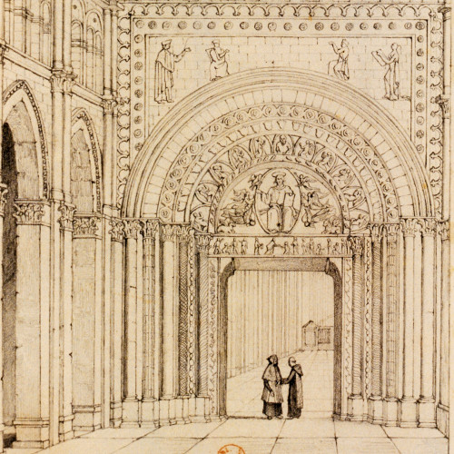 Vue intérieure de l’église de l’abbaye de Cluny avec portail à tympan sculpté