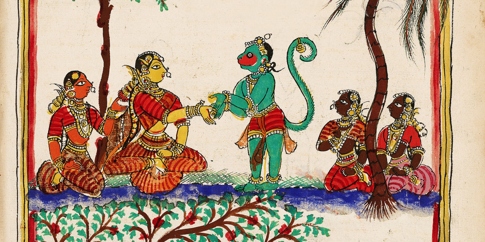 Pour gagner sa confiance, Hanuman donne à Sita la bague de Rama ; en retour Sita lui remet un bijou pour Rama