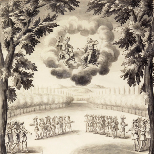 Les Plaisirs de l'île enchantée, première journée : entrée de Pan, Diane et leur suite, dessin de François Chauveau, 1664