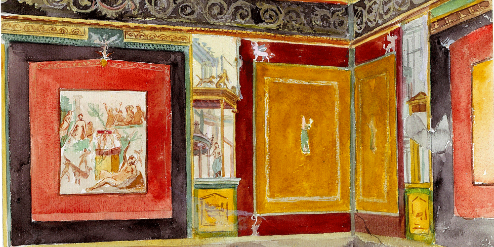 Quatrième style de peinture murale à Pompéi : triclinium de la maison de Siricus