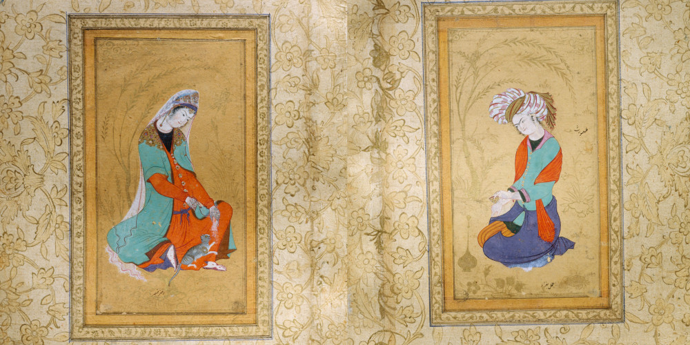 Femme jouant avec un chat ; Echanson assis par un artiste de l'école d'Ispahan