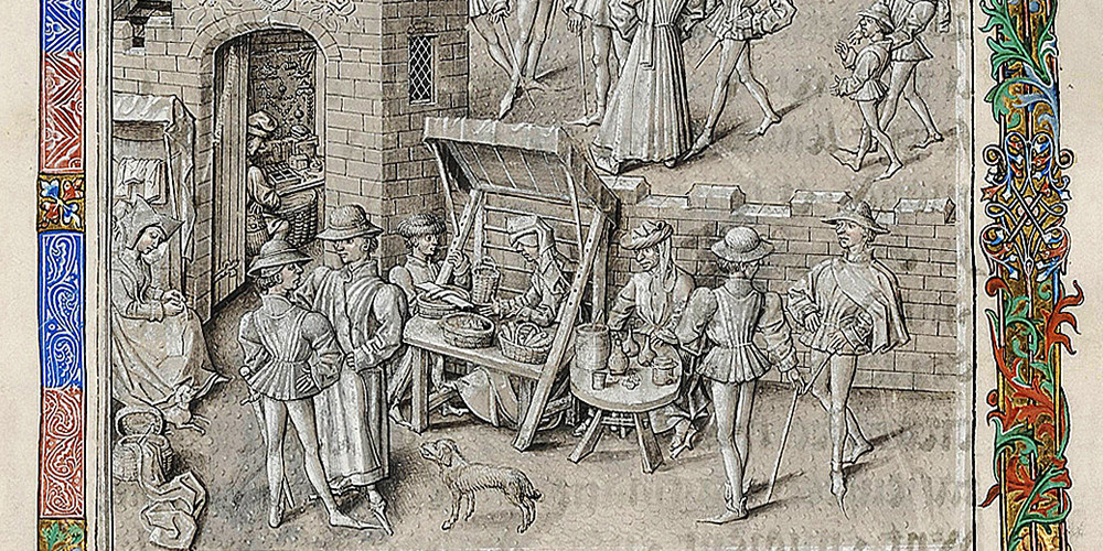 Scène de marché et présentation du manuscrit à Philippe le Bon