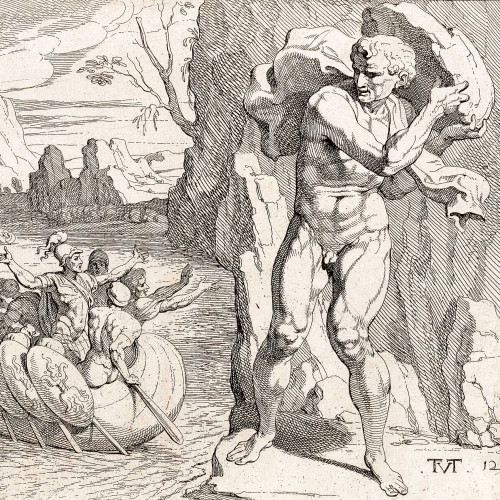 Ulysse provoque le Cyclope qui a lancé un rocher sur son navire