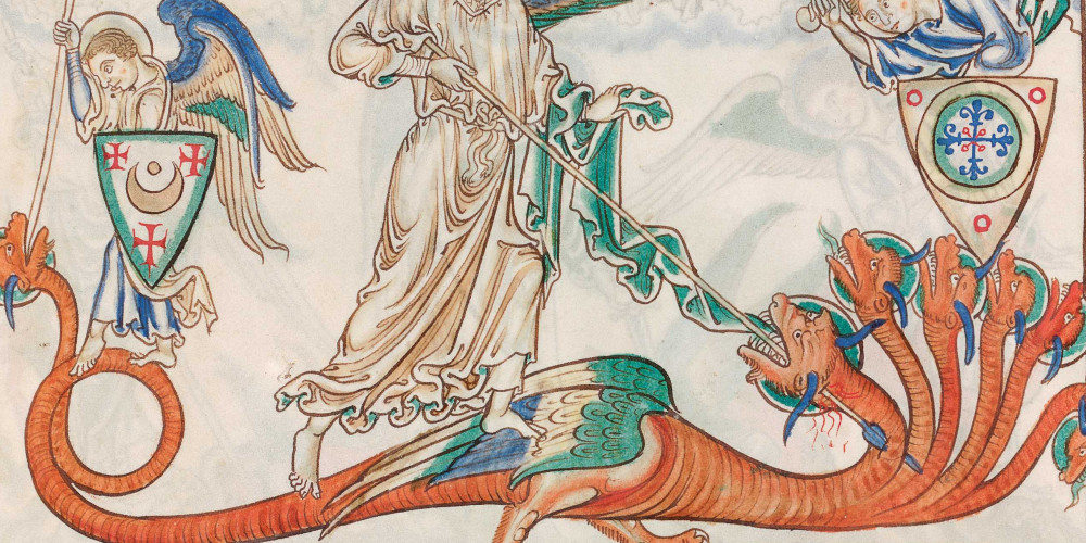 Saint Michel, aidé des Anges, affronte le dragon de l’Apocalypse et le chasse du Ciel