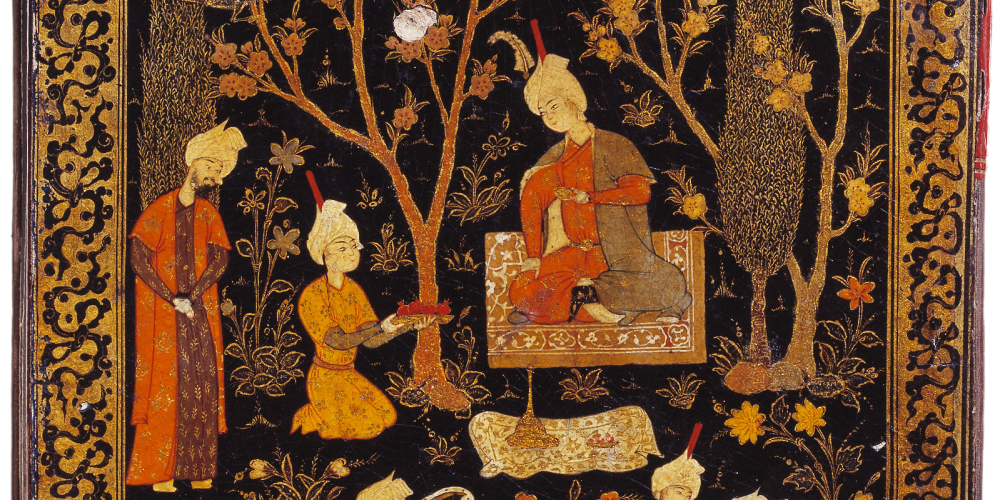 Reliure d’un recueil de poèmes représentant un prince assis dans un jardin lors d’une fête