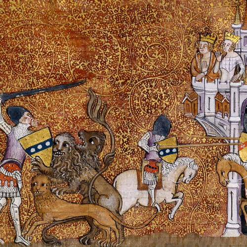 Lancelot combattant deux lions et un léopard surgis par enchantement