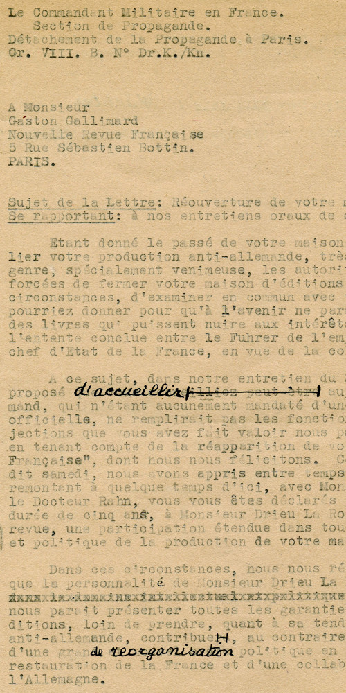 Courrier du commandant militaire en France, section de la « Propagande », autorisant la réouverture de la maison d’édition.