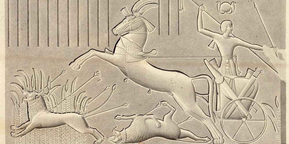Palais de Ramsès III à Médinet Habou : bas-relief (chasse au lion)
