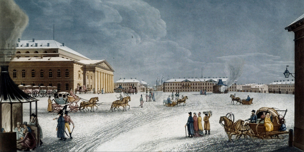Vue de la place et du grand spectacle de St Petersbourg sous la neige