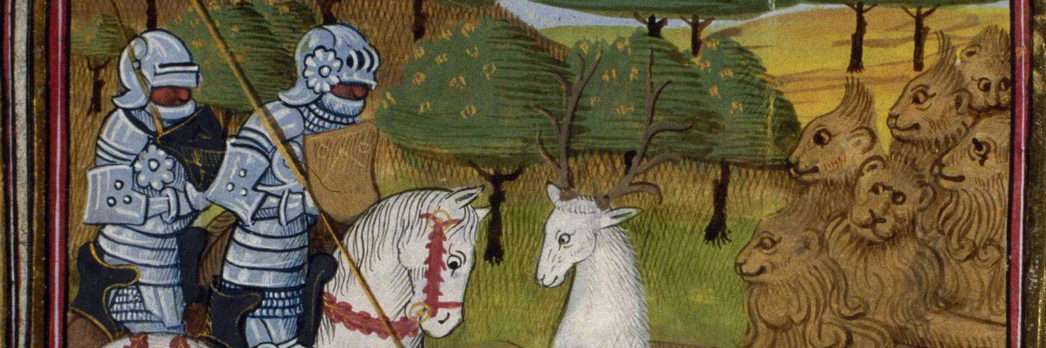 Lancelot et Mordred croisant un cerf blanc escorté par des lions