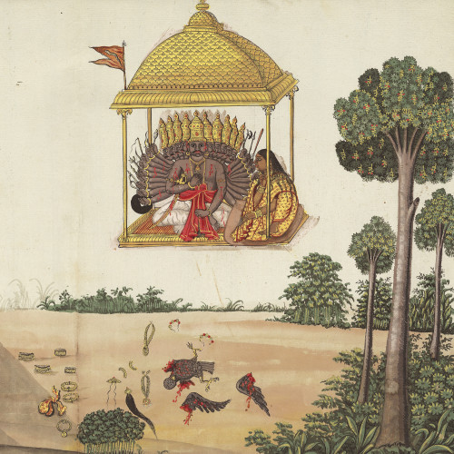 Sita est enlevée par Ravana ; l’oiseau Jatayu qui voulait la défendre est blessé à mort