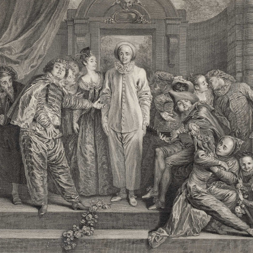 D’après Antoine Watteau, Les Comédiens-Italiens entourant l’acteur jouant Pierrot, 18e siècle
