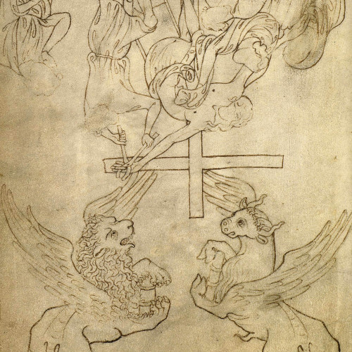 Descente de croix avec lion et taureau, symboles de deux évangélistes
