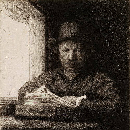 Rembrandt gravant ou dessinant près d'une fenêtre
2e état