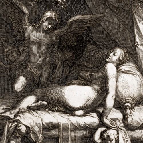 Cupidon aux côtés de Psyché endormie