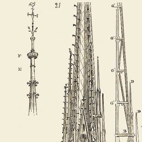 Élévation et plans de la flèche de Notre-Dame de Paris par Viollet-le-Duc