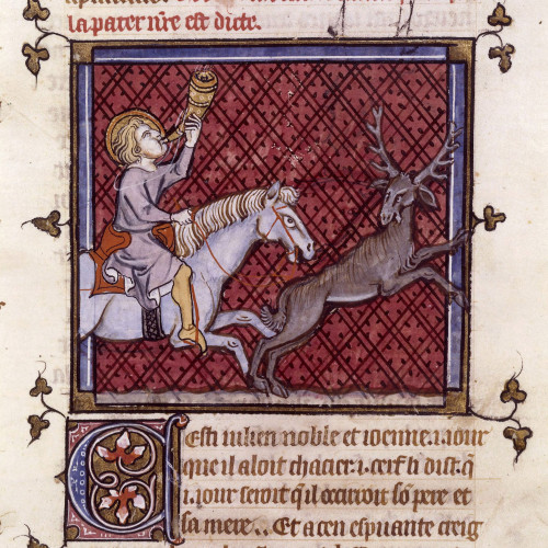 Saint Julien à cheval chassant le cerf et sonnant du cor