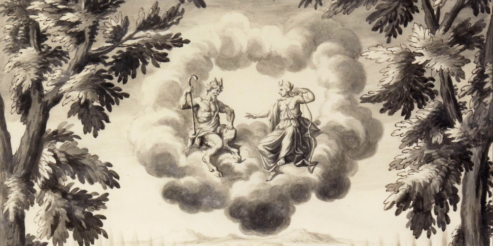 Les Plaisirs de l'île enchantée, première journée : entrée de Pan, Diane et leur suite, dessin de François Chauveau, 1664