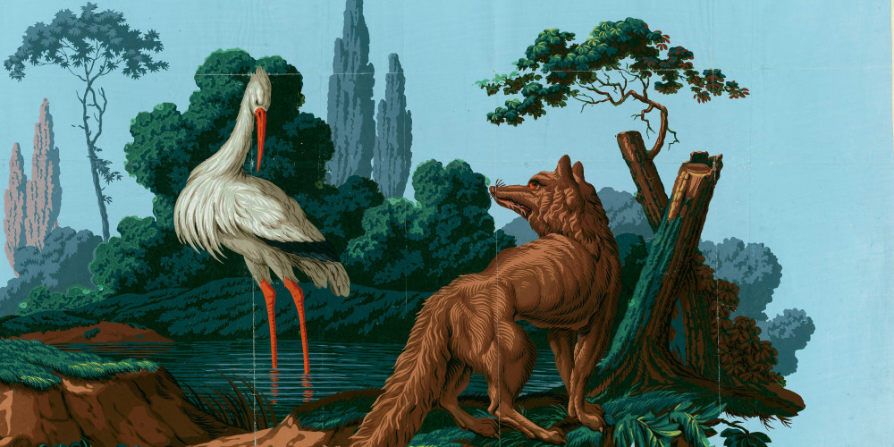 Papier peint : dessus de porte avec sujet de renard et cigogne