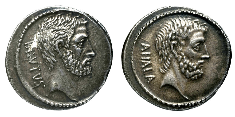 Denier Marcus Junius Brutus figurant ses ancêtres Brutus l'Ancien et Ahala