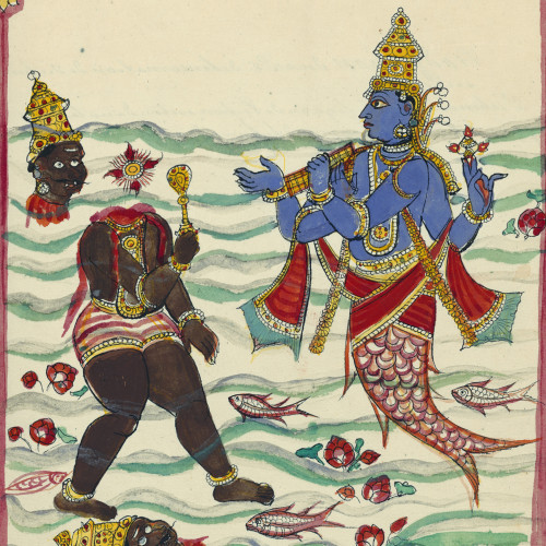Vishnu, sous l’aspect de Matsya, tue le géant Mahasura et lui reprend le livre des lois (les Veda)