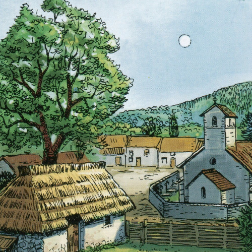 Maison médiévale de pierre à toit de chaume, avec jardin