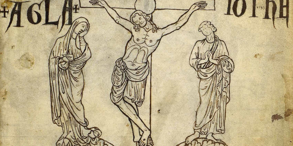 Calvaire avec Christ et deux personnages - Inscriptions - Croquis rajoutés.