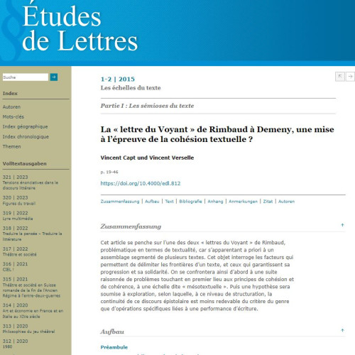 Vincent Capt, Vincent Verselle, « La ‘lettre du Voyant’ de Rimbaud à Demeny, une mise à l’épreuve de la cohésion textuelle ? », Etudes de lettres, I-2, 2015