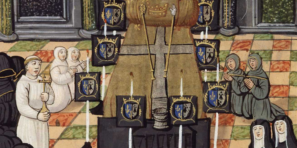 La mise en bière d’Anne de Bretagne dans la salle d’honneur, en présence de trois hérauts d’armes