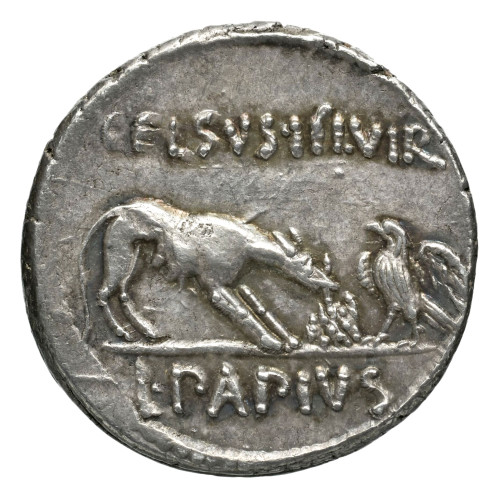 Denier de la gens Papia figurant le prodige du loup et de l'aigle à Lavinium