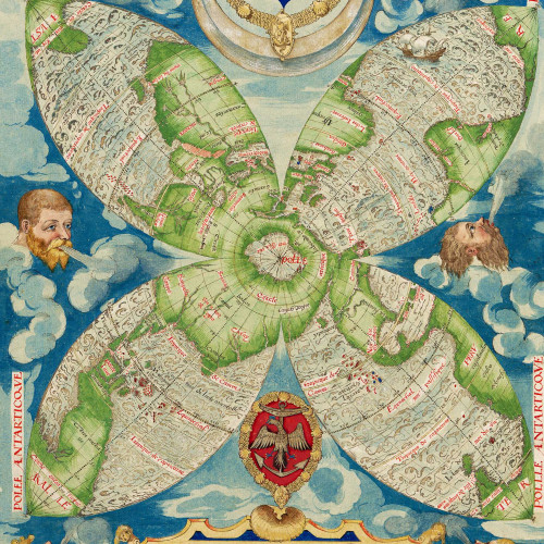 6e projection : carte du monde en 4 fuseaux, avec l’écu de France et un blason aux armes de l’amiral de Coligny