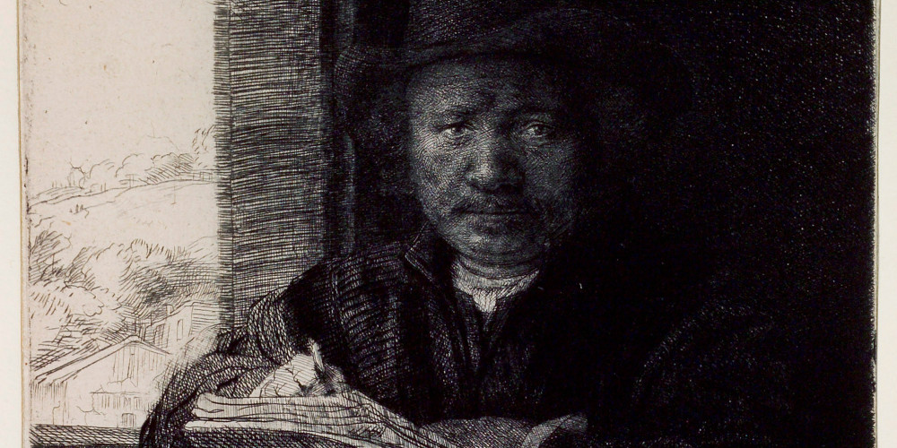 Rembrandt gravant ou dessinant près d'une fenêtre
4e état