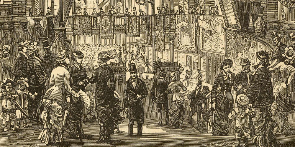 Les nouveaux agrandissements des magasins du Bon Marché. Vue intérieure avec escalier central