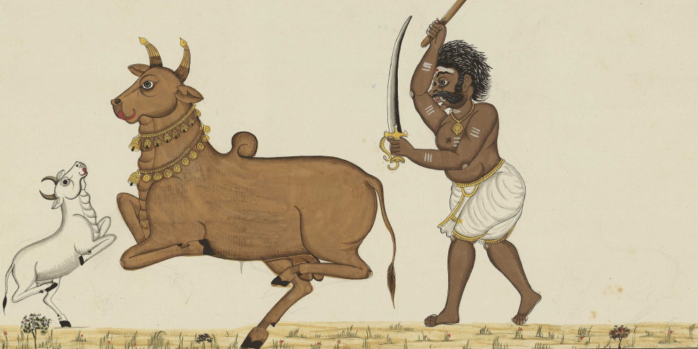 Dharma, dieu de la Justice, sous la forme d’un taureau et, la Terre, sous celle d’une vache, sont frappés par un shudra, de la caste la plus basse, personnifiant le Kali yuga