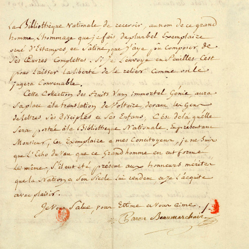 Lettre de Beaumarchais à l'abbé Des Aulnays, garde des imprimés à la Bibliothèque du Roi, 2 juillet 1791